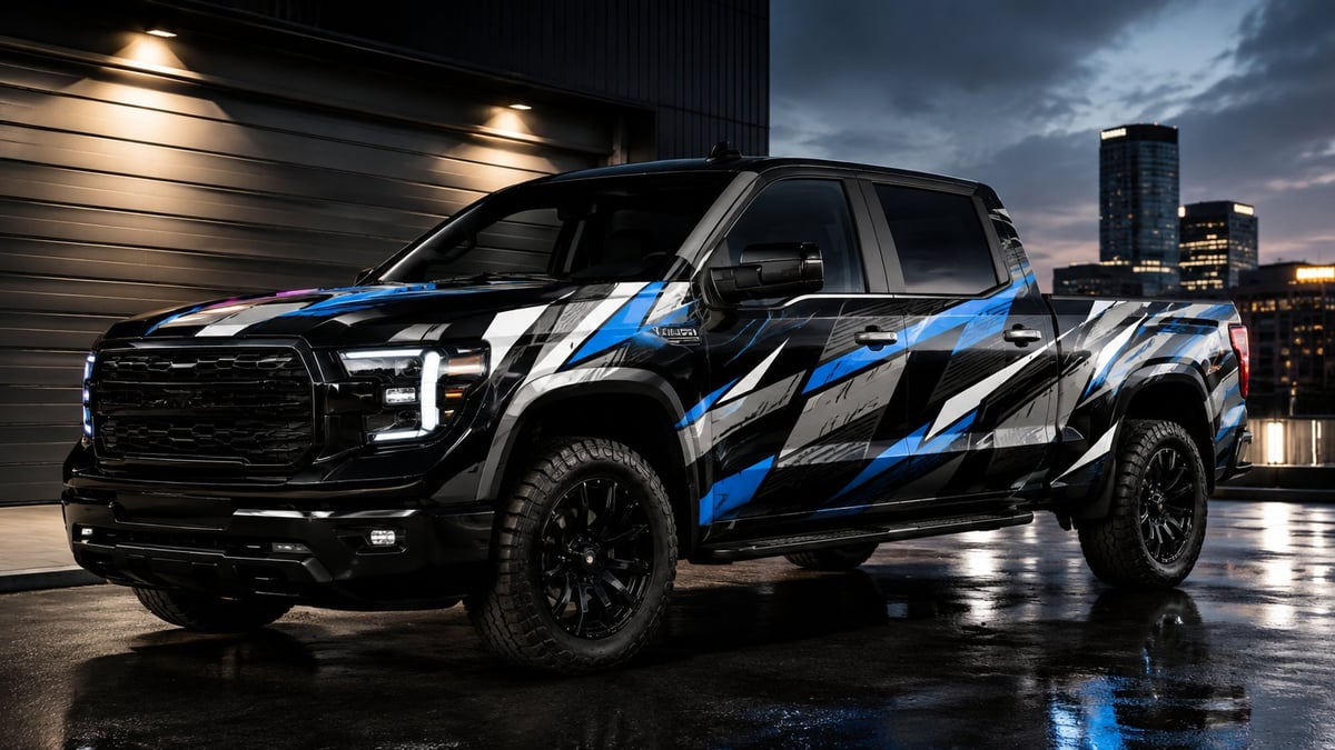 Black pickup truck with blue racing stripes parked in urban garage at night with city lights in background